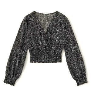 Size L Adorable smocked crop long sleeve, speckled shirt